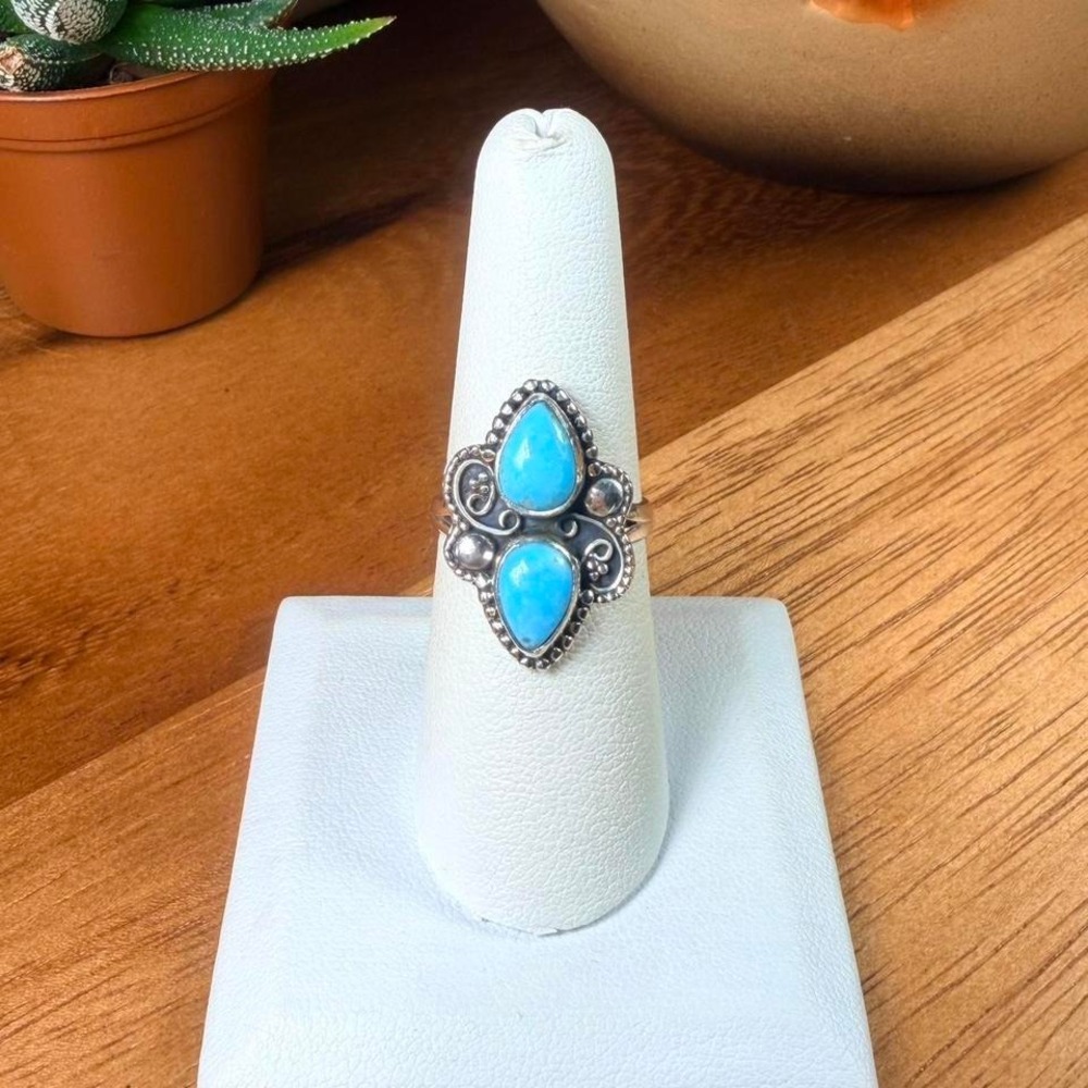 Double Kingman Turquoise Ring - Size 7 - .925 Sterling Silver